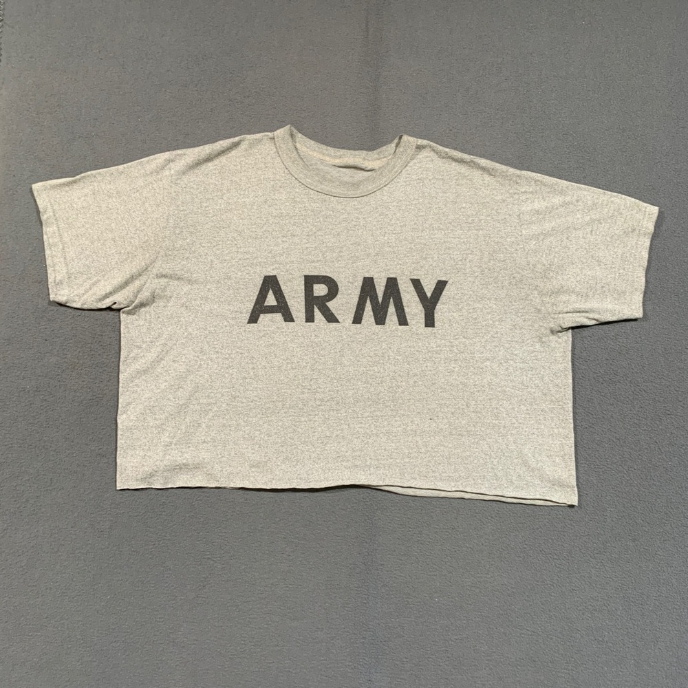 ARMY Graphic T-Shirt Women XL Gray Modified Cropped Boxy Raw Hem Military Tee